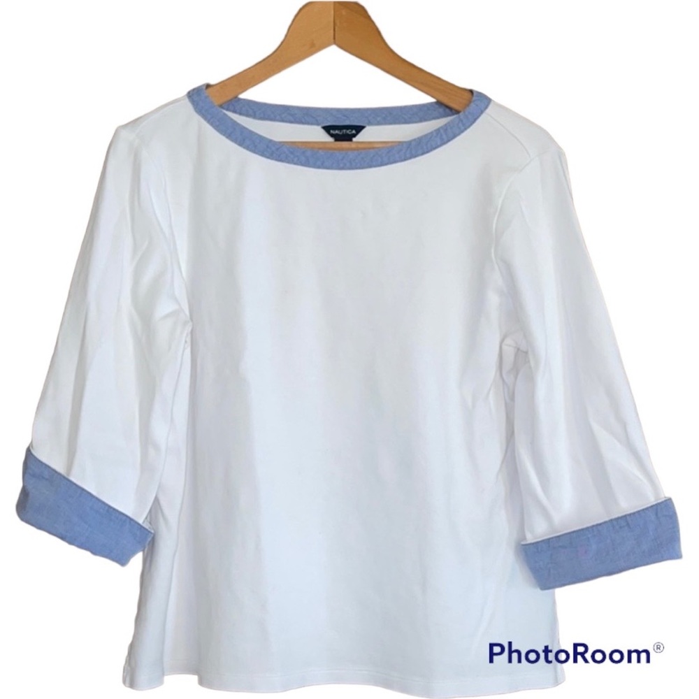 NAUTICA Pullover Top Crew Neck White & Blue 3/4 Sleeve Size Large